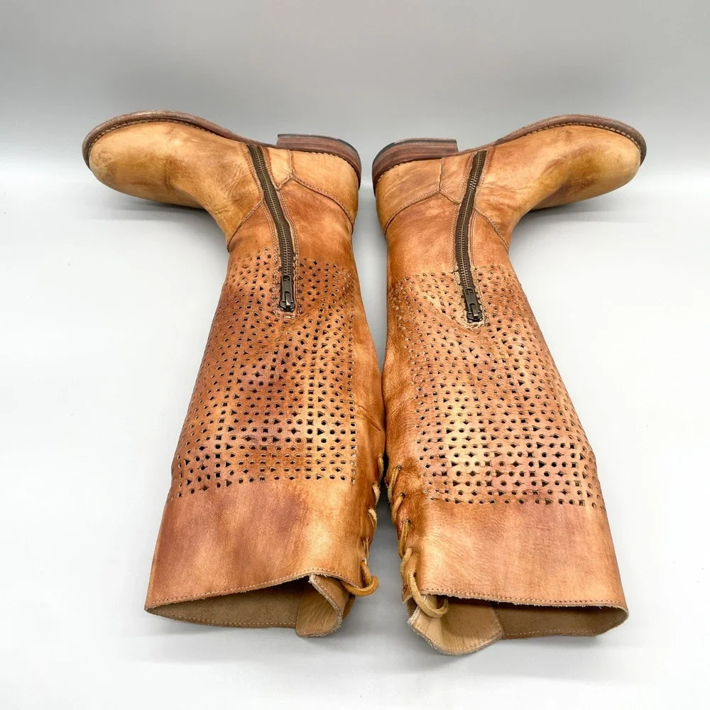 Bed Stu Cambridge Boots Womens 6.5 Tan Distressed Leather Perforated Tall Boho